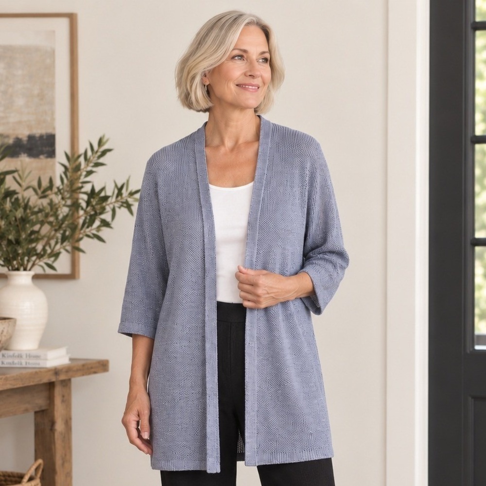 Eileen Fisher Womens Organic Linen Melange Cardigan XS Blue Gray Lightweight